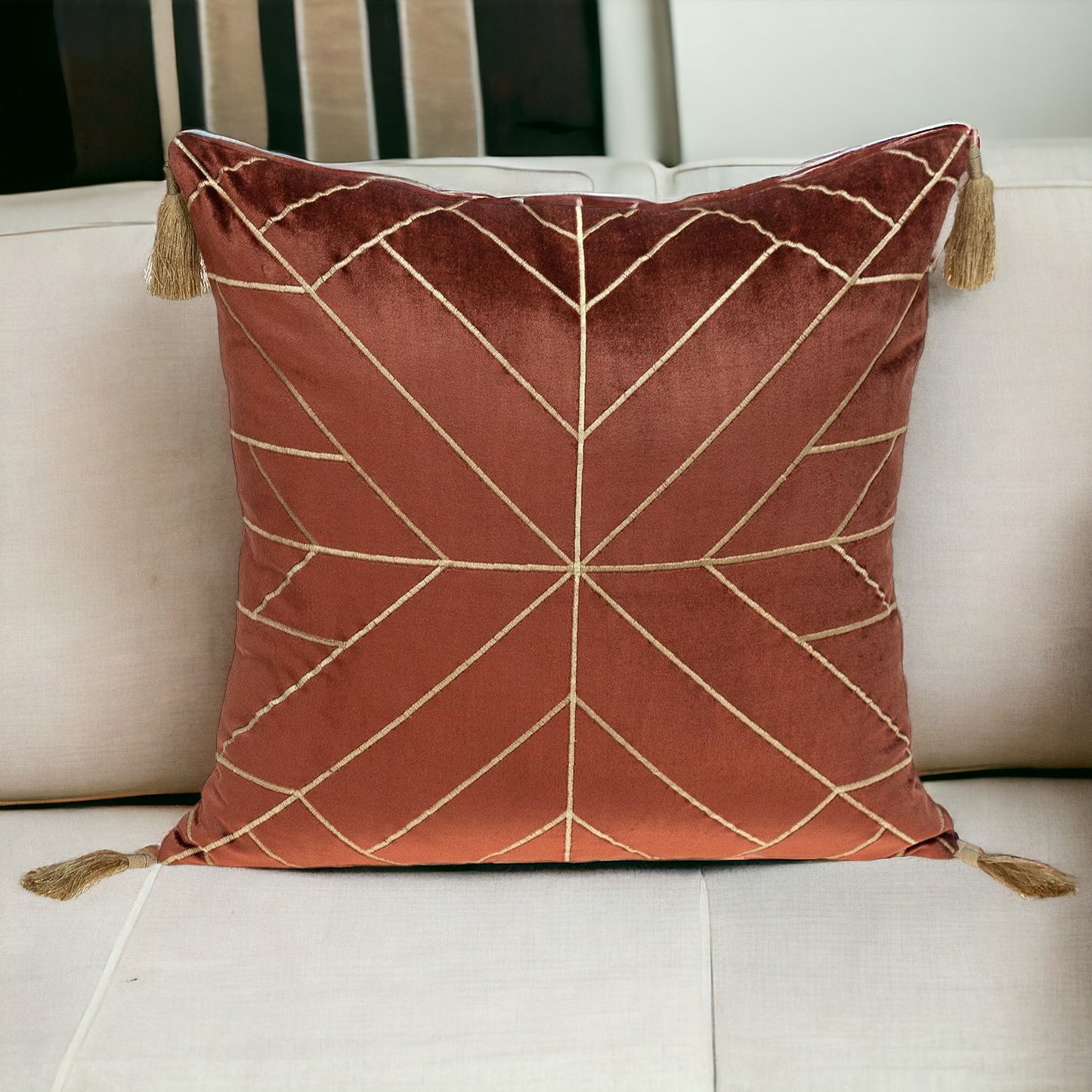 Burnt Orange and Gold Geo Velvet Throw Pillow with Gold Tassels