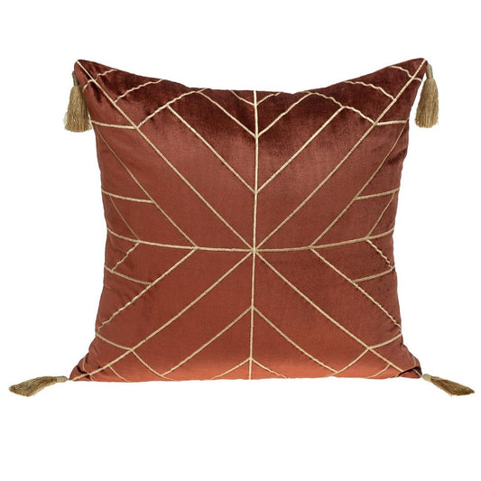 20" Burnt Orange And Gold Velvet Throw Pillow with Embroidery And Tassels
