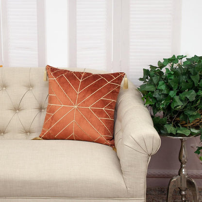 20" Burnt Orange And Gold Velvet Throw Pillow with Embroidery And Tassels