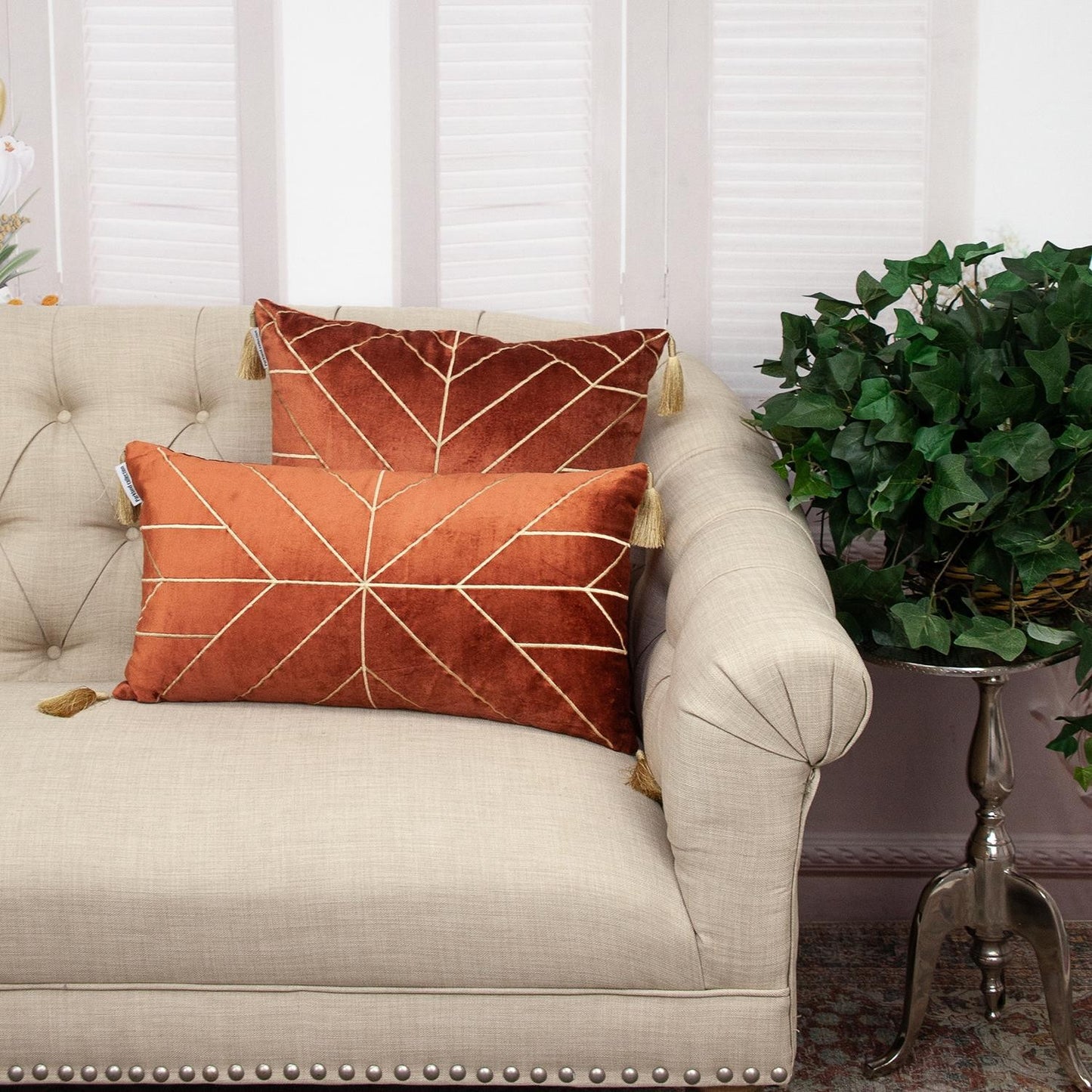 Burnt Orange and Gold Geo Velvet Lumbar Pillow with Gold Tassels