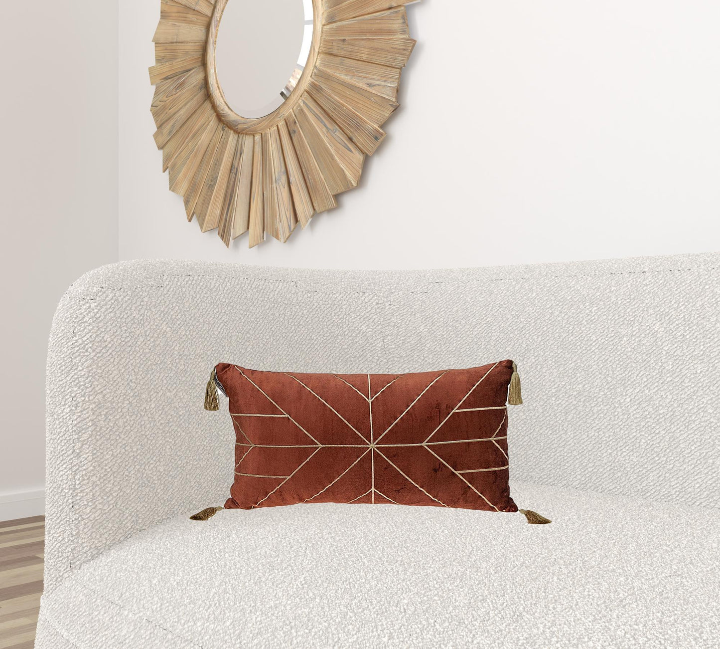 Burnt Orange and Gold Geo Velvet Lumbar Pillow with Gold Tassels