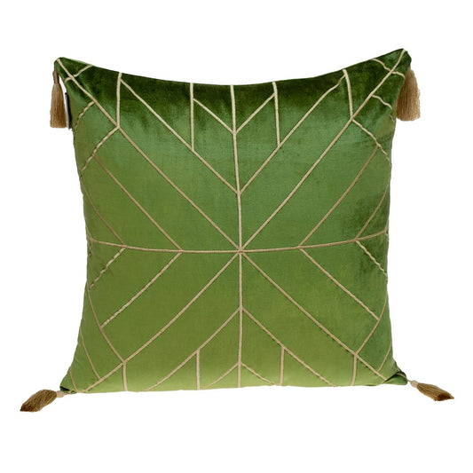 Olive and Gold Geo Velvet Throw Pillow with Gold Tassels