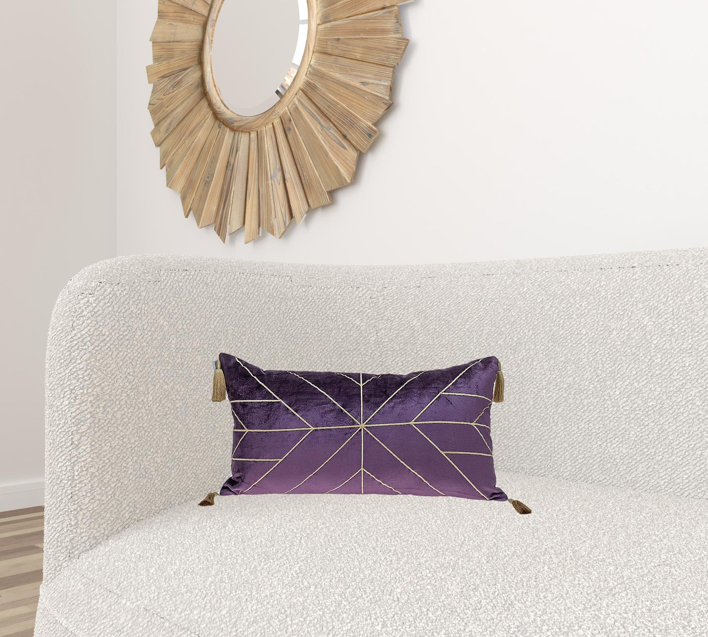 Dark Purple and Gold Geo Velvet Lumbar Pillow with Gold Tassels