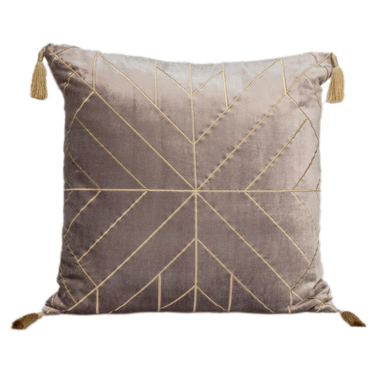 Taupe and Gold Geo Velvet Throw Pillow with Gold Tassels