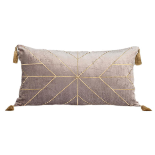 Taupe and Gold Geo Velvet Lumbar Pillow with Gold Tassels