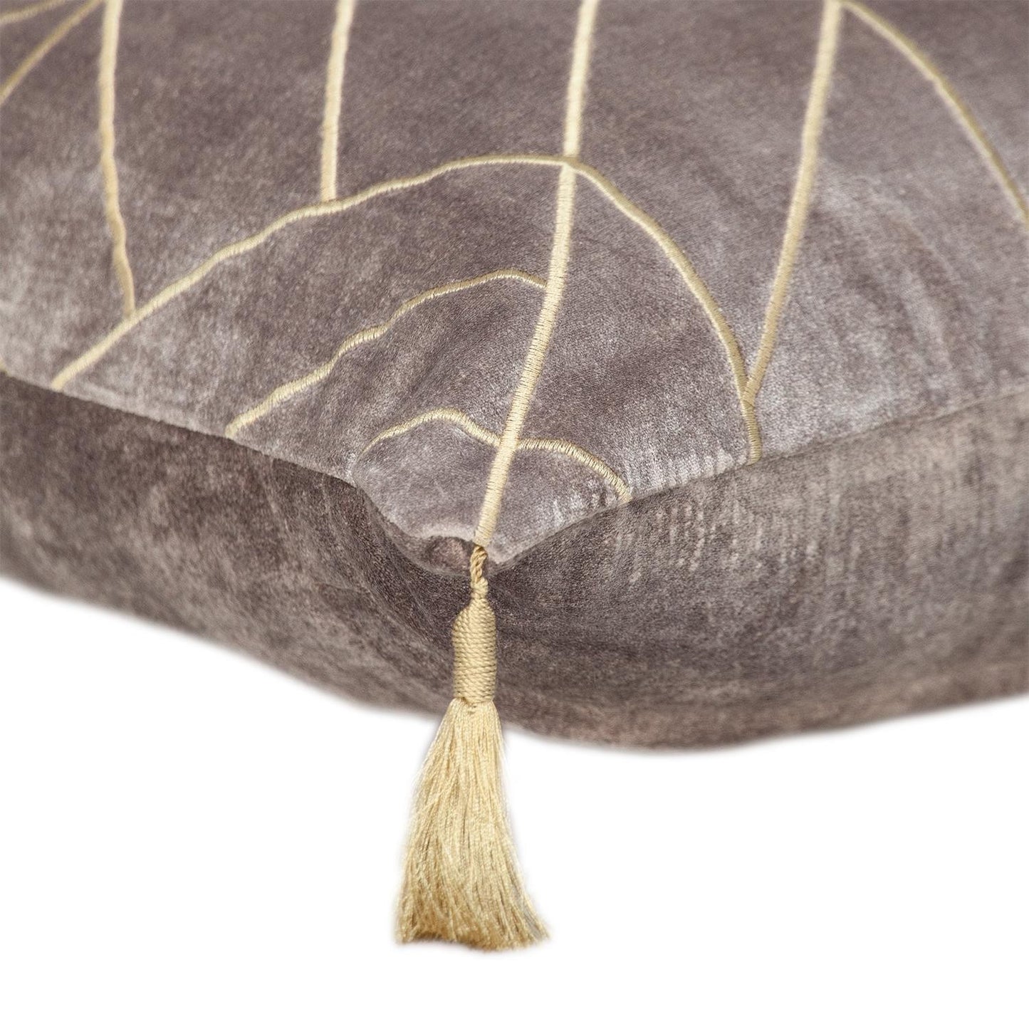 Taupe and Gold Geo Velvet Lumbar Pillow with Gold Tassels