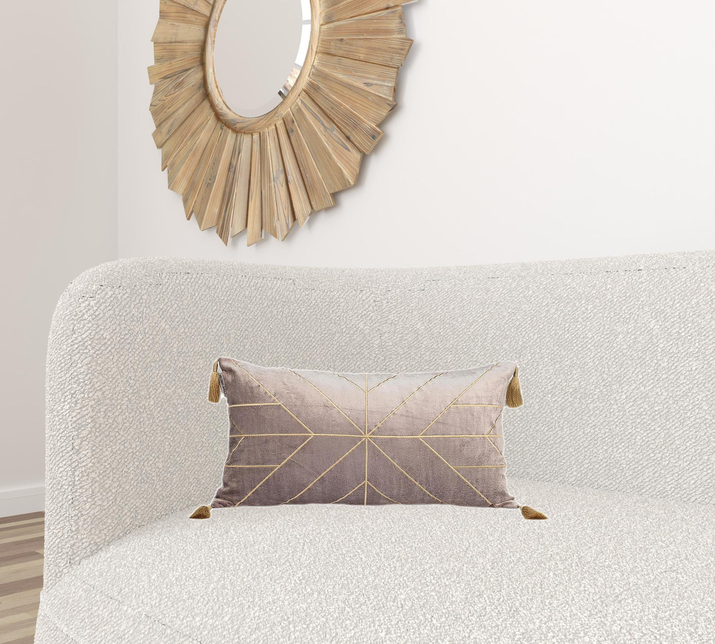 Taupe and Gold Geo Velvet Lumbar Pillow with Gold Tassels