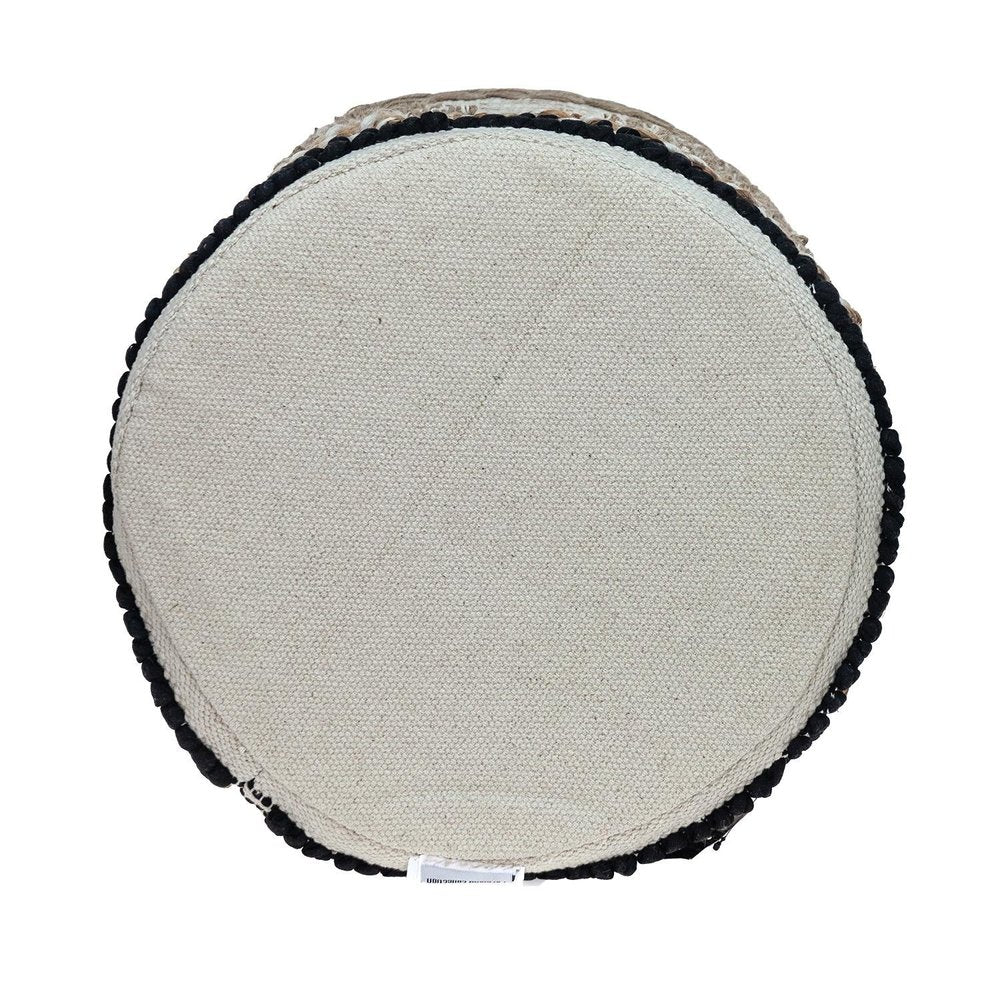 18" Beige and Brown Cotton Abstract Round Footstool