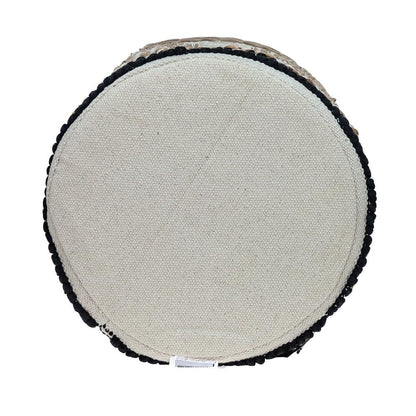 18" Beige and Brown Cotton Abstract Round Footstool