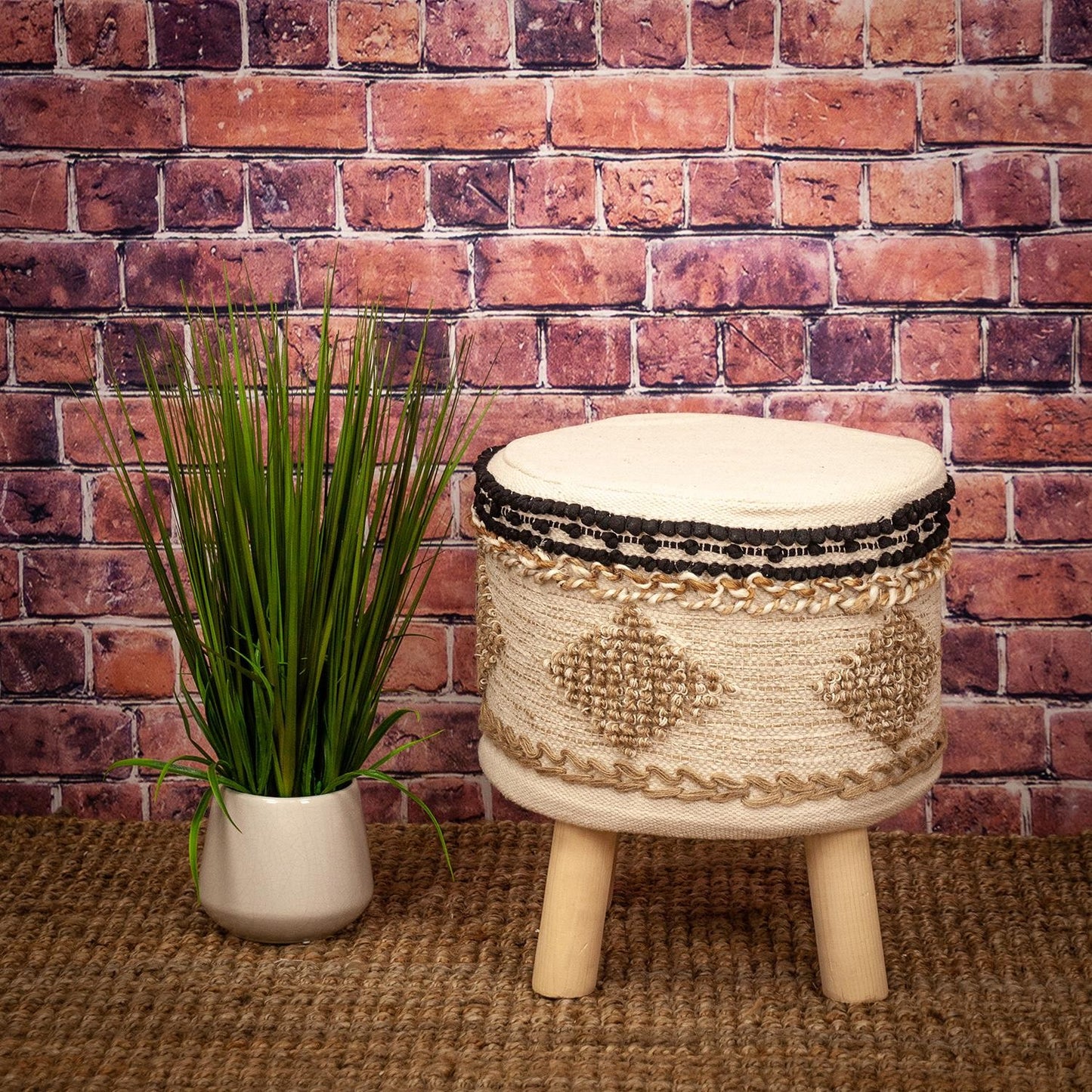 16" Beige Jute And Brown Round Abstract Ottoman