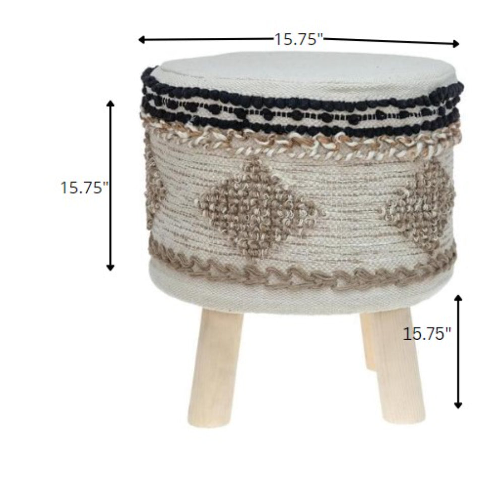 16" Beige Jute And Brown Round Abstract Ottoman