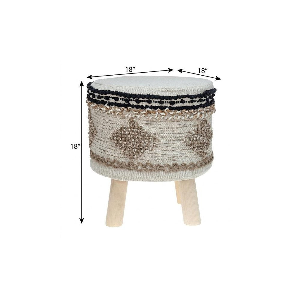 18" Beige and Brown Cotton Abstract Round Footstool
