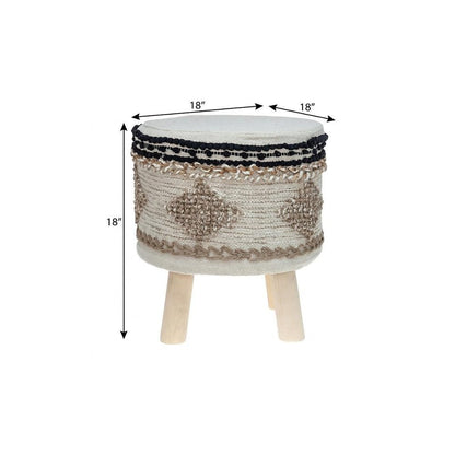 18" Beige and Brown Cotton Abstract Round Footstool