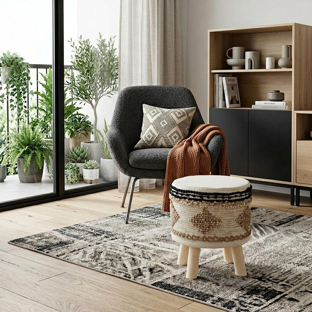 18" Beige and Brown Cotton Abstract Round Footstool