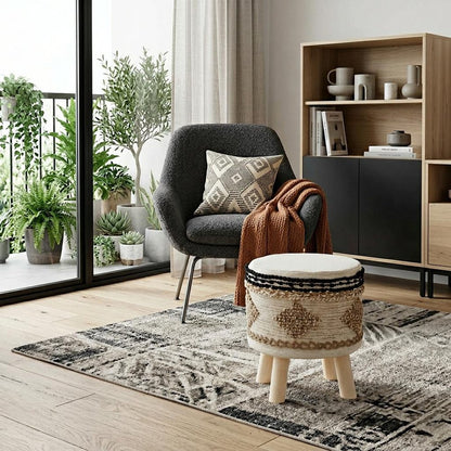 18" Beige and Brown Cotton Abstract Round Footstool
