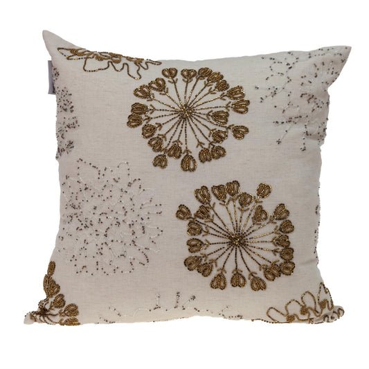 Natural and Golden Metallic Beaded Decorative Throw Pillow