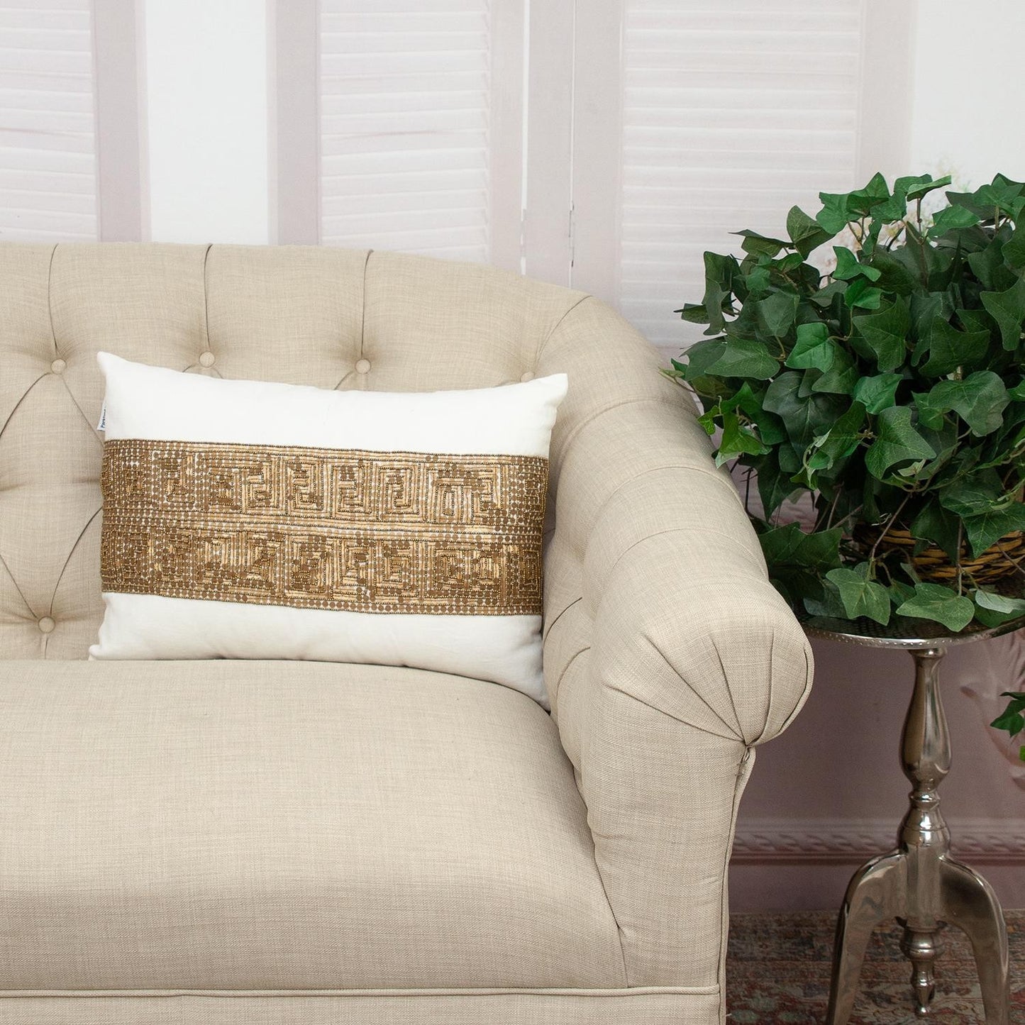 Glam Off White with Golden Sequins Lumbar Throw Pillow