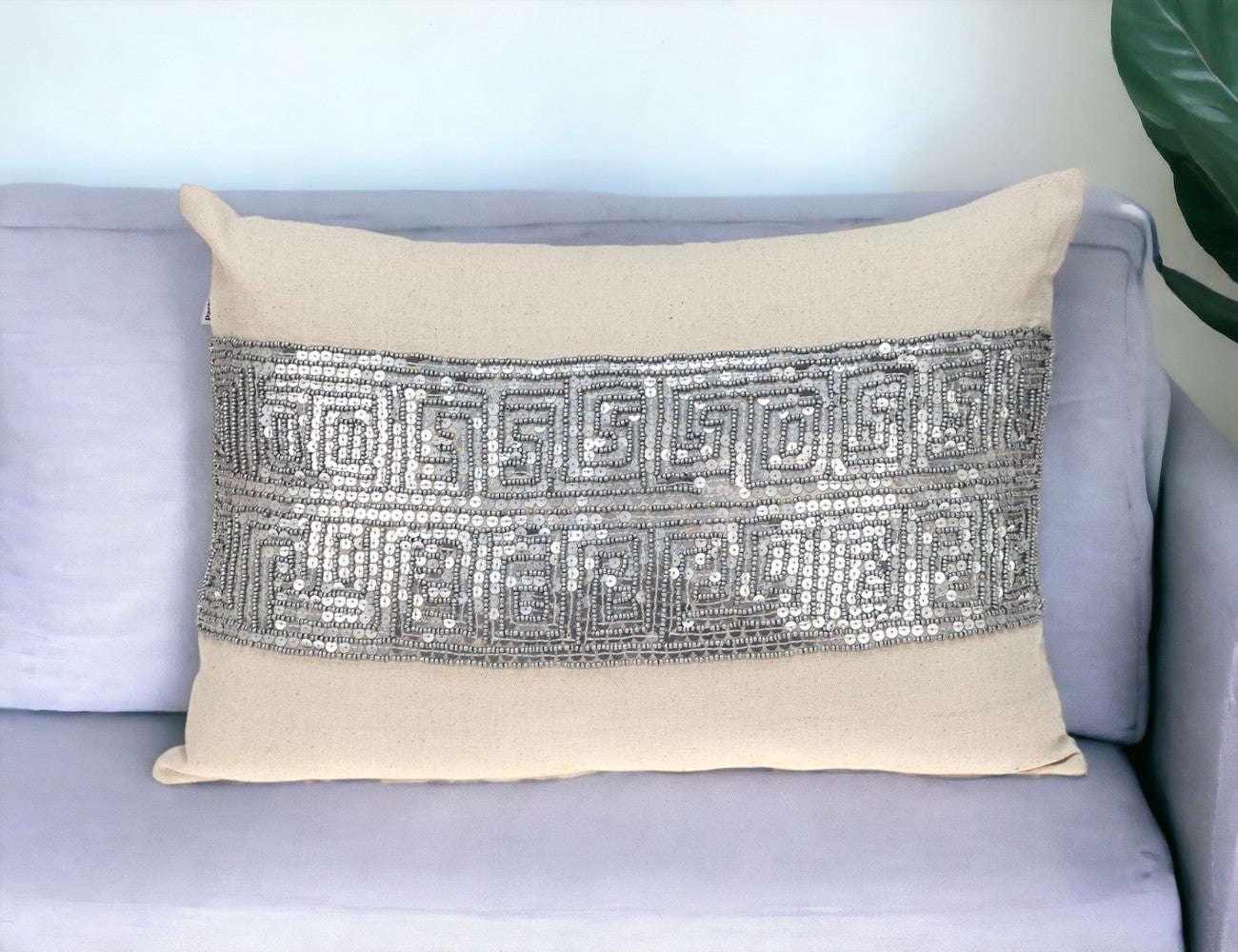 Glam Beige with Silver Sequins Lumbar Throw Pillow
