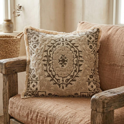 18" Beige And Brown Medallion Cotton Blend Throw Pillow with Fringe And Texture