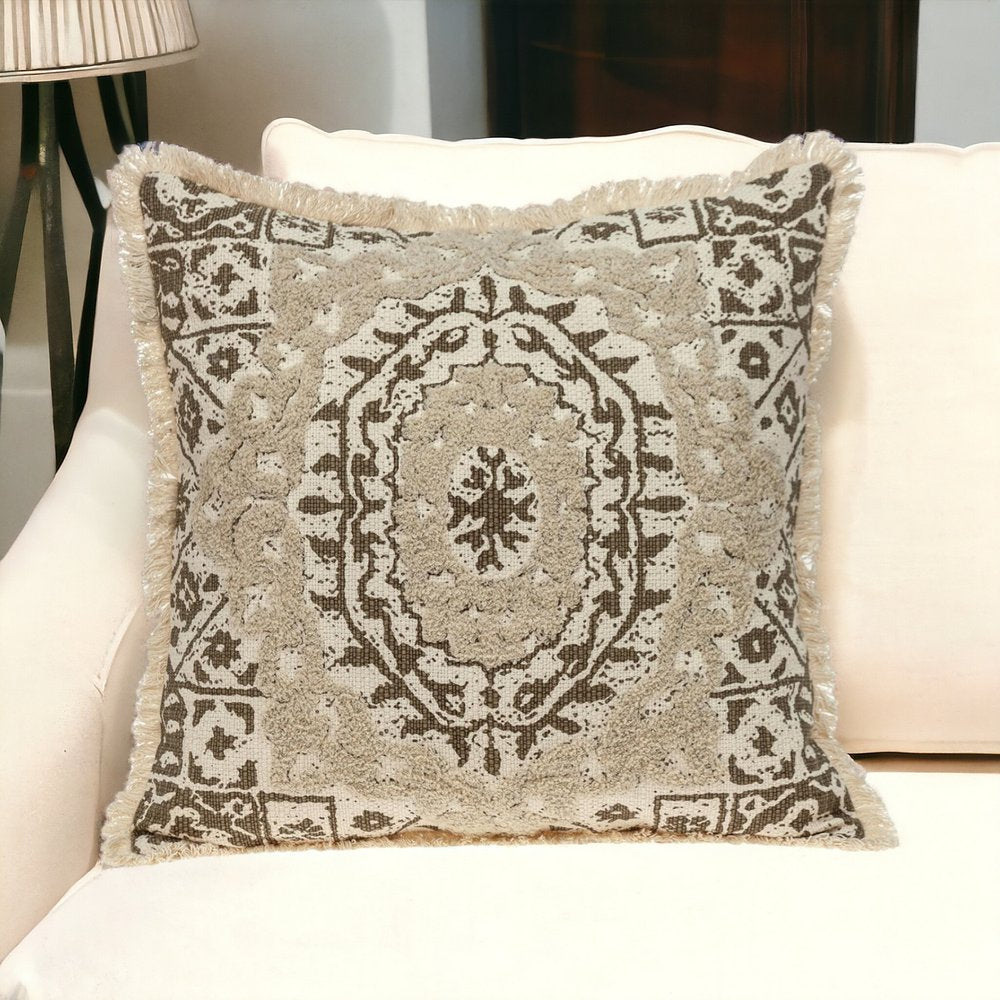 18" Beige And Brown Geometric Cotton Blend Throw Pillow with Fringes And Texture