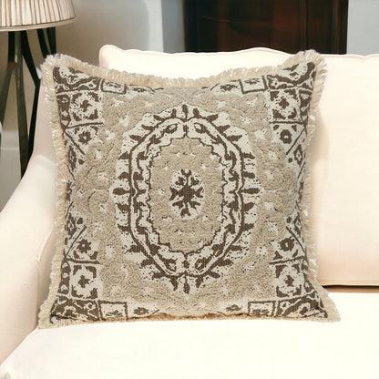 18" Beige And Brown Geometric Cotton Blend Throw Pillow with Fringes And Texture