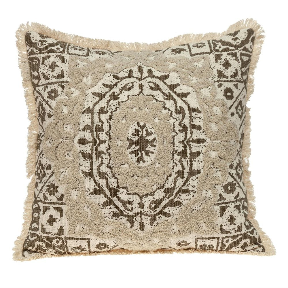 18" Beige And Brown Medallion Cotton Blend Throw Pillow with Fringe And Texture