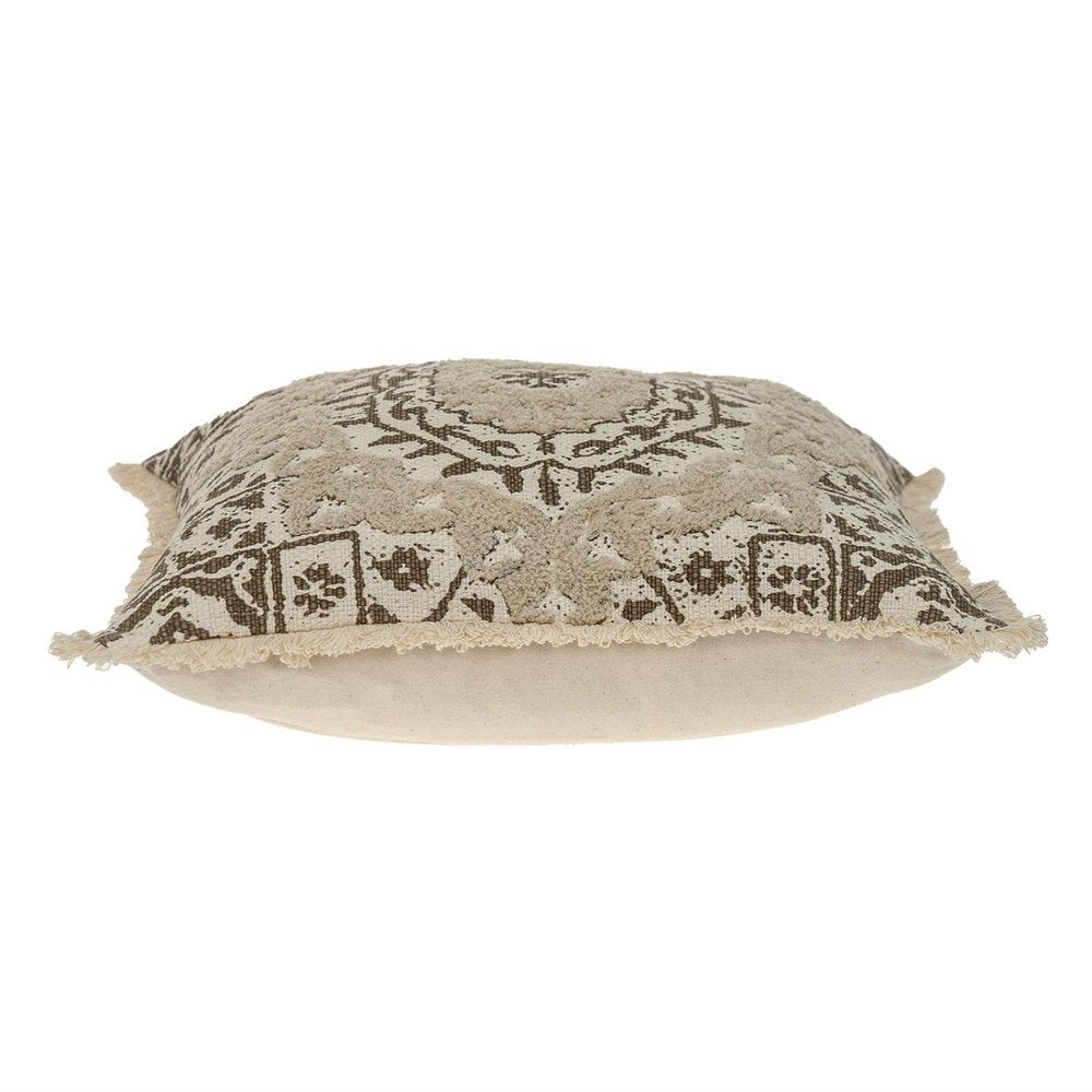 18" Beige And Brown Medallion Cotton Blend Throw Pillow with Fringe And Texture