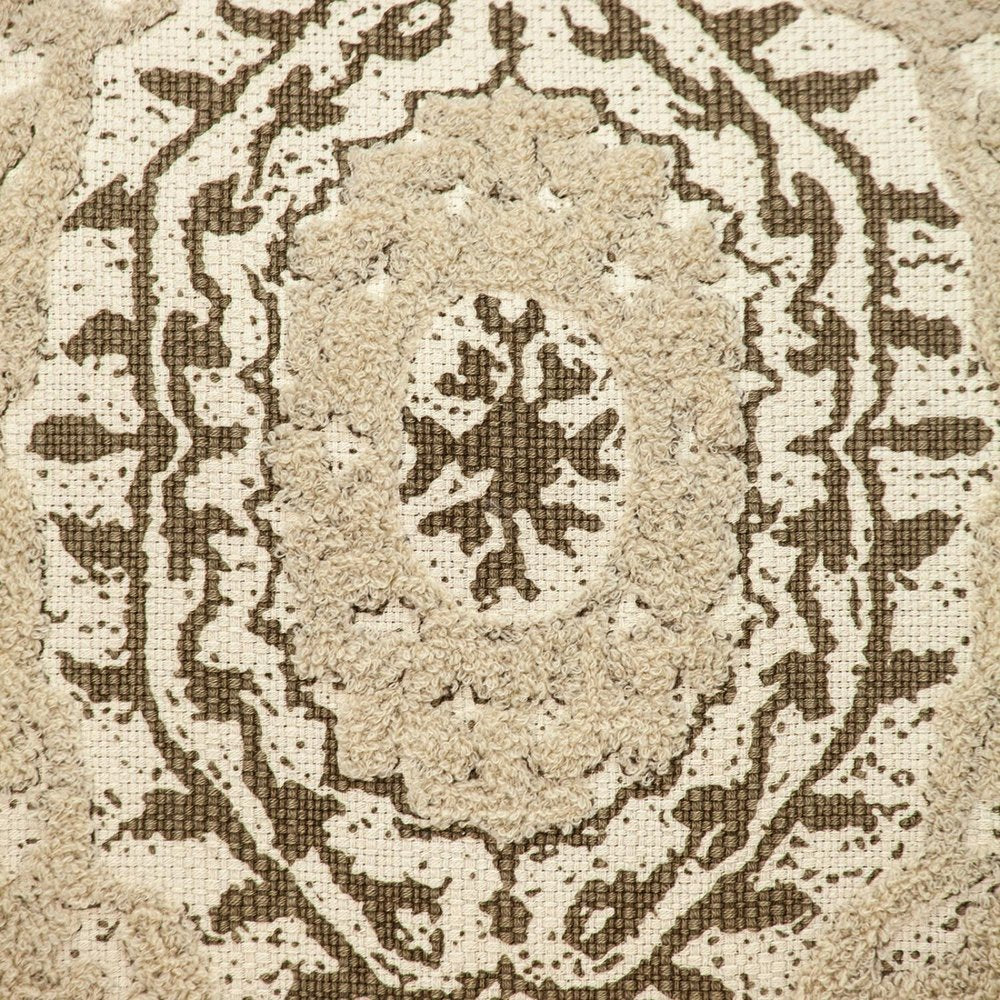 18" Beige And Brown Medallion Cotton Blend Throw Pillow with Fringe And Texture