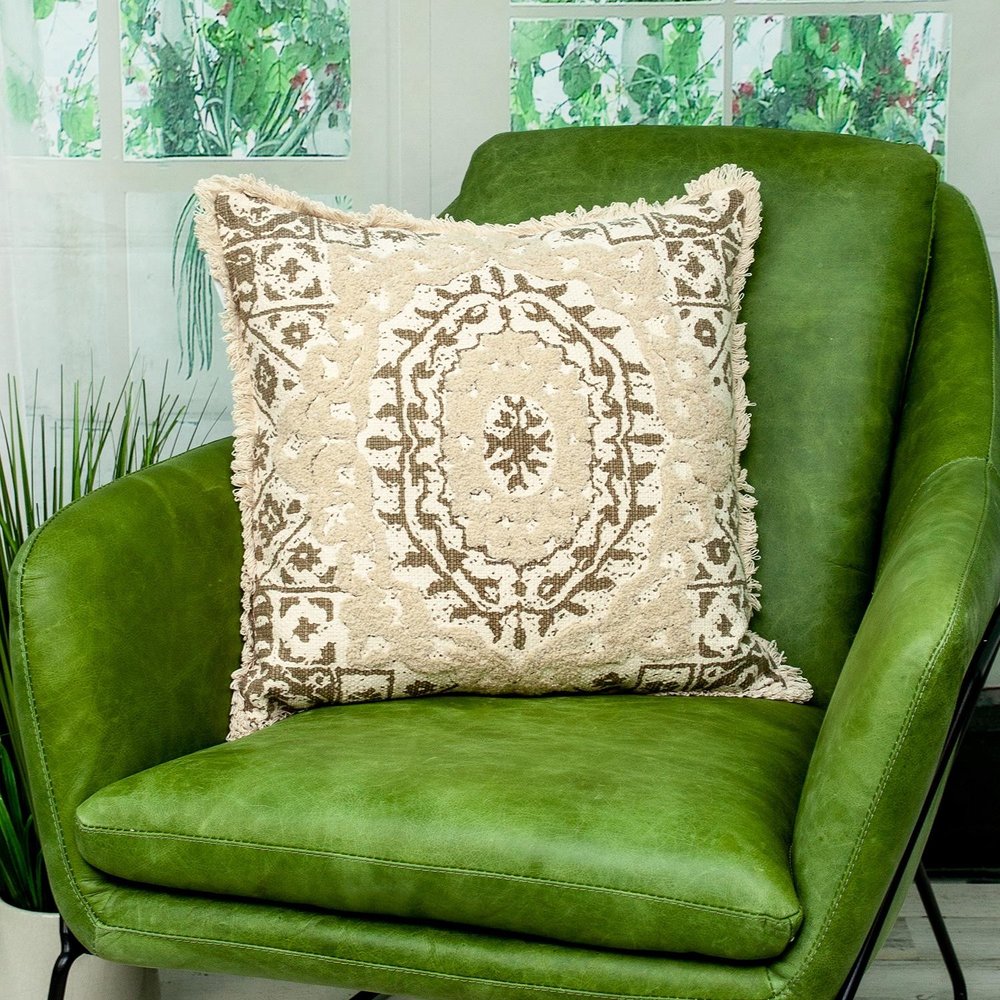 18" Beige And Brown Medallion Cotton Blend Throw Pillow with Fringe And Texture