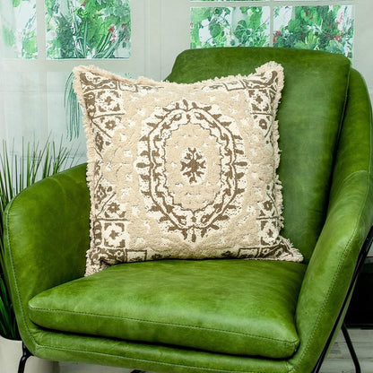 18" Beige And Brown Medallion Cotton Blend Throw Pillow with Fringe And Texture