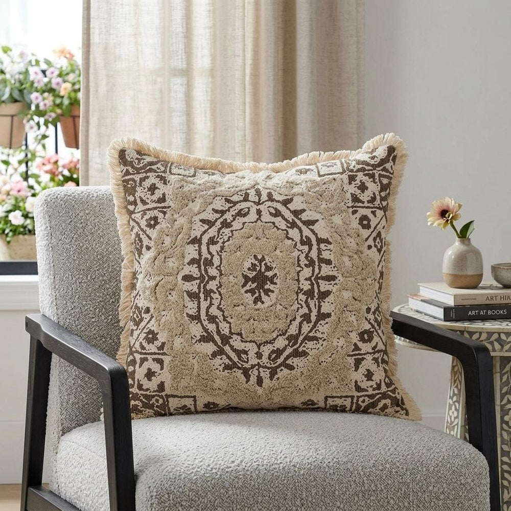 18" Beige And Brown Geometric Cotton Blend Throw Pillow with Fringes And Texture