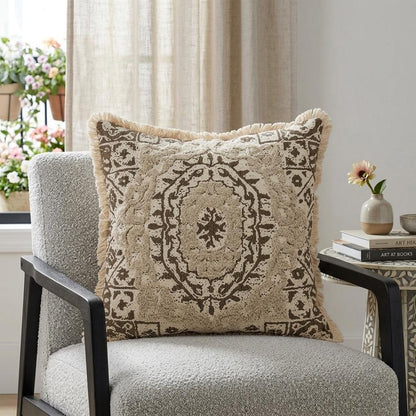 18" Beige And Brown Geometric Cotton Blend Throw Pillow with Fringes And Texture