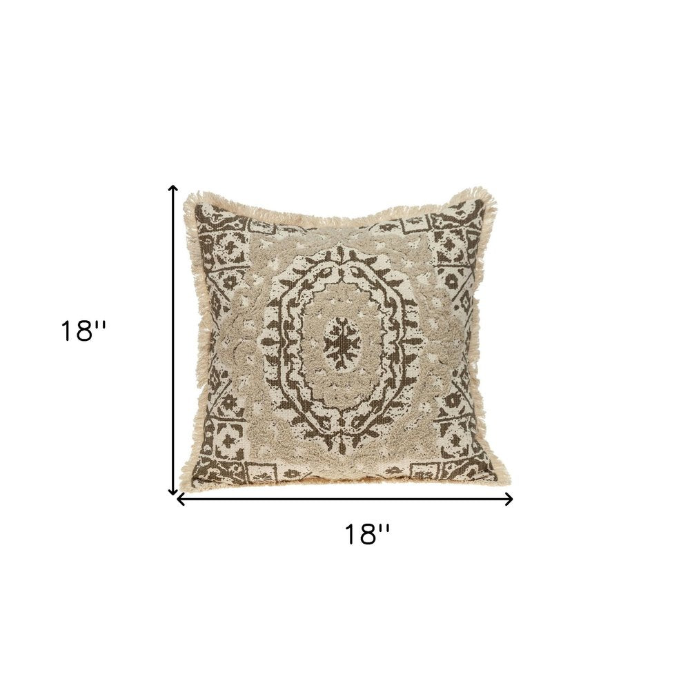 18" Beige And Brown Medallion Cotton Blend Throw Pillow with Fringe And Texture