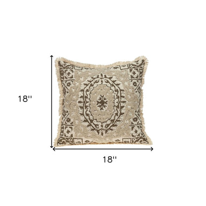 18" Beige And Brown Medallion Cotton Blend Throw Pillow with Fringe And Texture