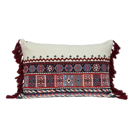 14" X 20" Blue Burgundy And Cream Abstract Cotton Blend Throw Pillow with Tassels