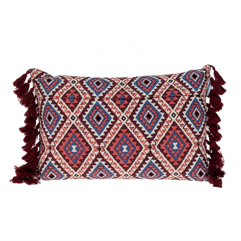 14" X 20" Blue Burgundy And Cream Abstract Cotton Blend Throw Pillow with Tassels