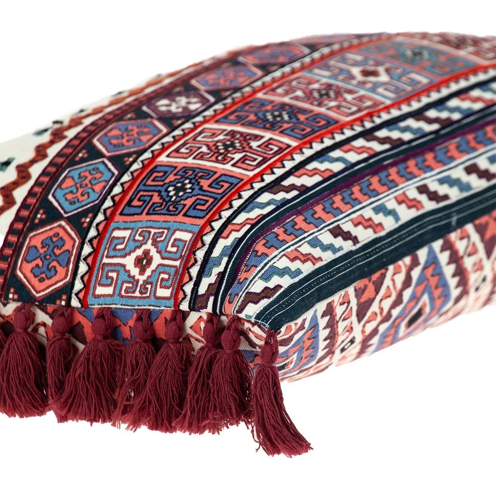 14" X 20" Blue Burgundy And Cream Abstract Cotton Blend Throw Pillow with Tassels
