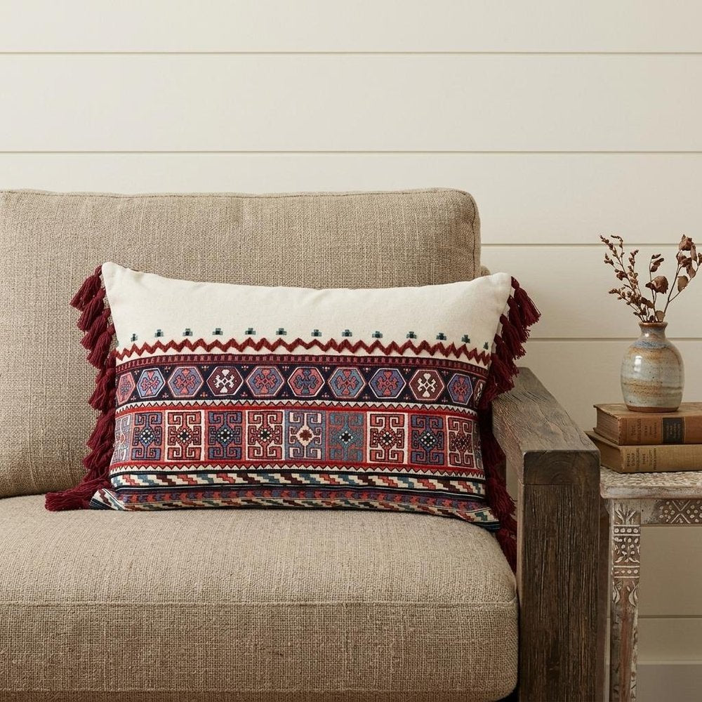 14" X 20" Blue Burgundy And Cream Abstract Cotton Blend Throw Pillow with Tassels