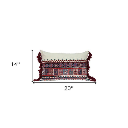 14" X 20" Blue Burgundy And Cream Abstract Cotton Blend Throw Pillow with Tassels