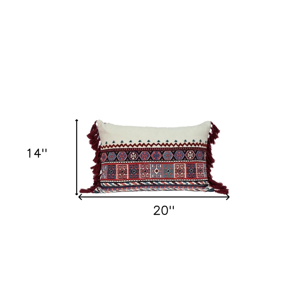 14" X 20" Blue Burgundy And Cream Abstract Cotton Blend Throw Pillow with Tassels