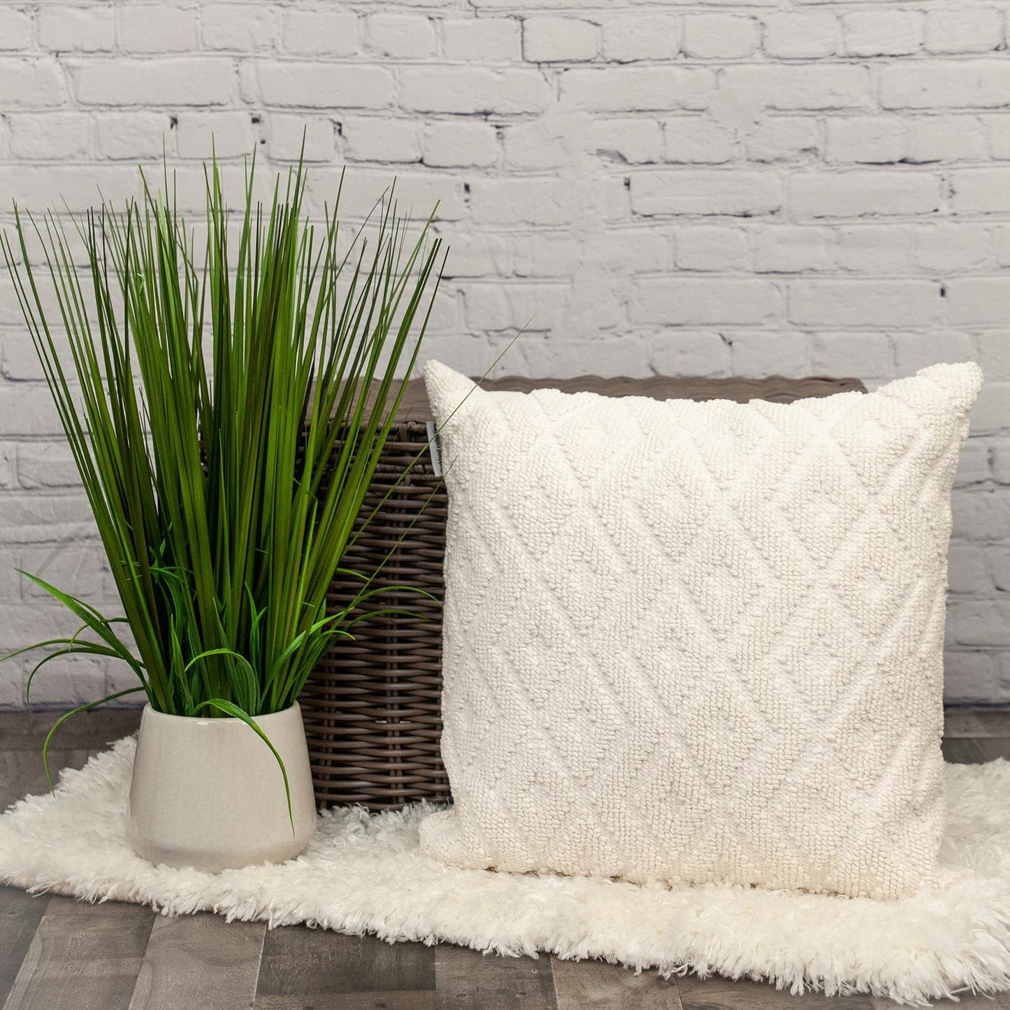 Jacquard Diamond Pattern Decorative White Throw Pillow