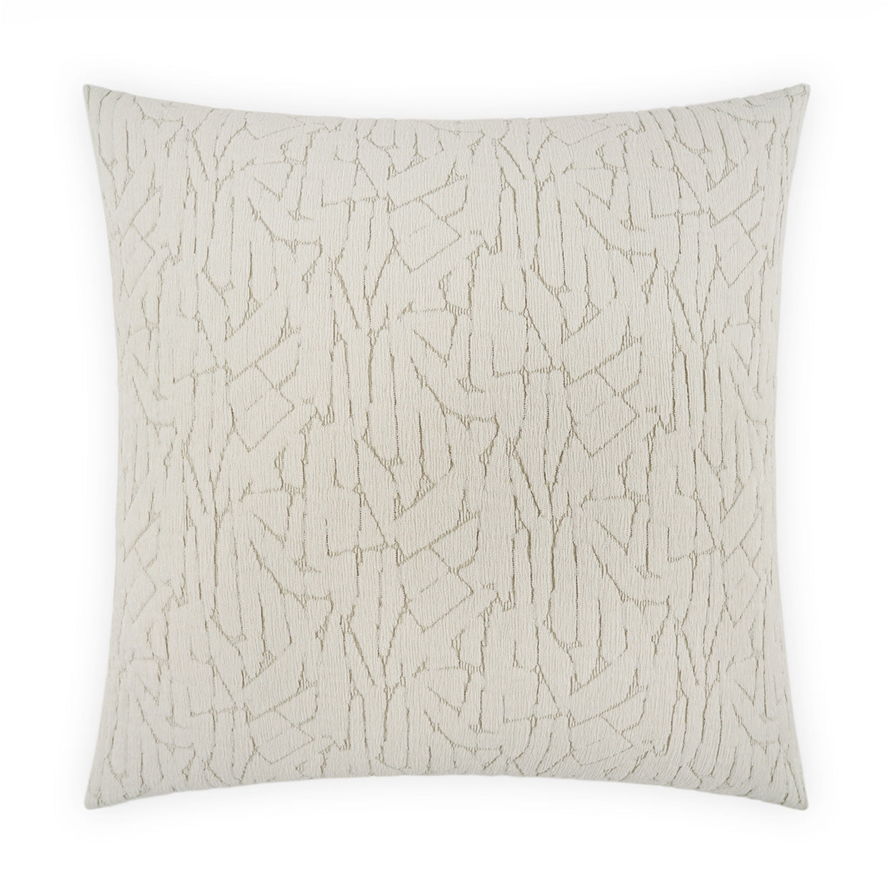 Cream square decorative pillow with abstract crackle pattern in textured beige fabric.