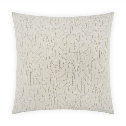 Cream square decorative pillow with abstract crackle pattern in textured beige fabric.