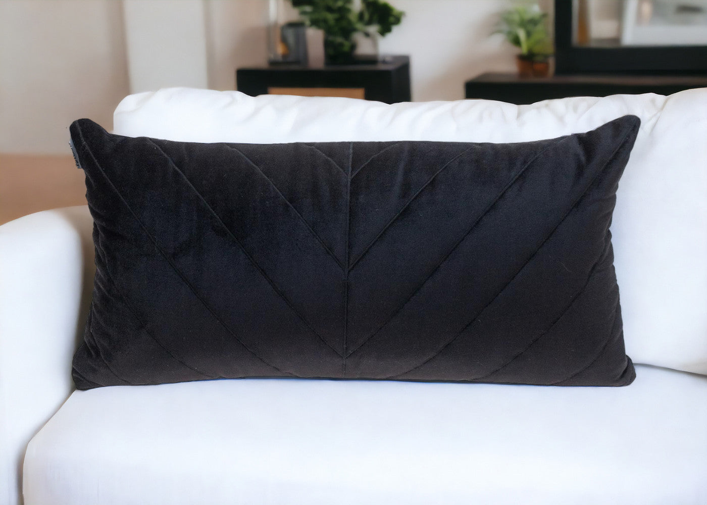 Quilted Velvet Arrows Black Decorative Lumbar Pillow