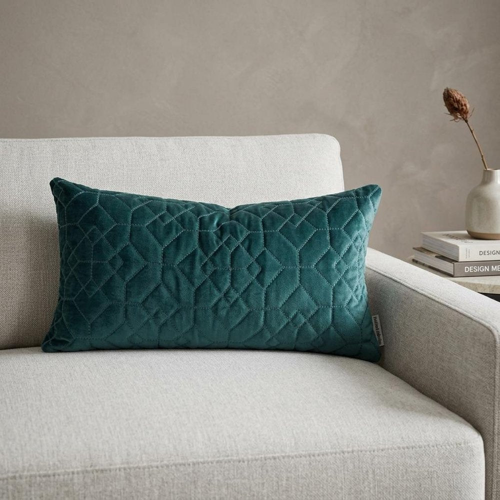 Teal Quilted Velvet Geo Lumbar Decorative Pillow