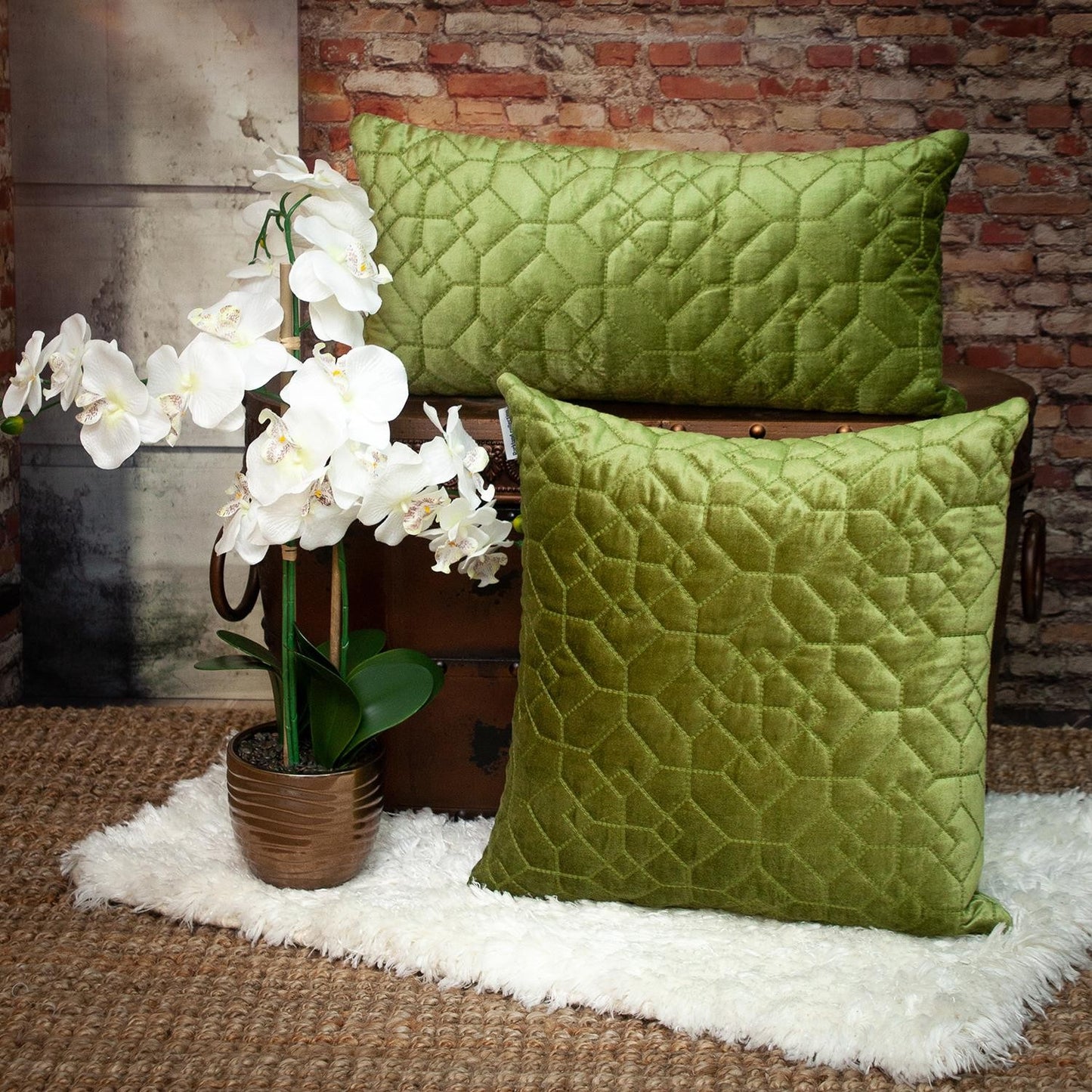 Olive Quilted Velvet Geo Decorative Throw Pillow