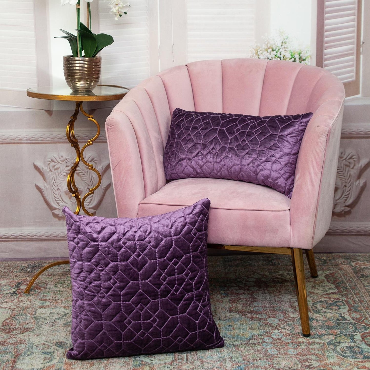 Purple Quilted Velvet Geo Lumbar Decorative Pillow