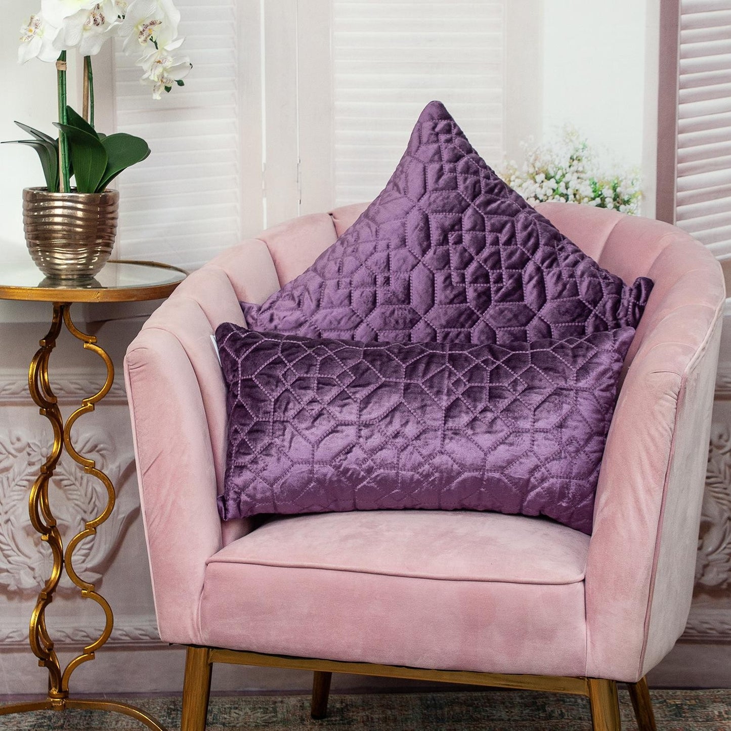 Purple Quilted Velvet Geo Lumbar Decorative Pillow