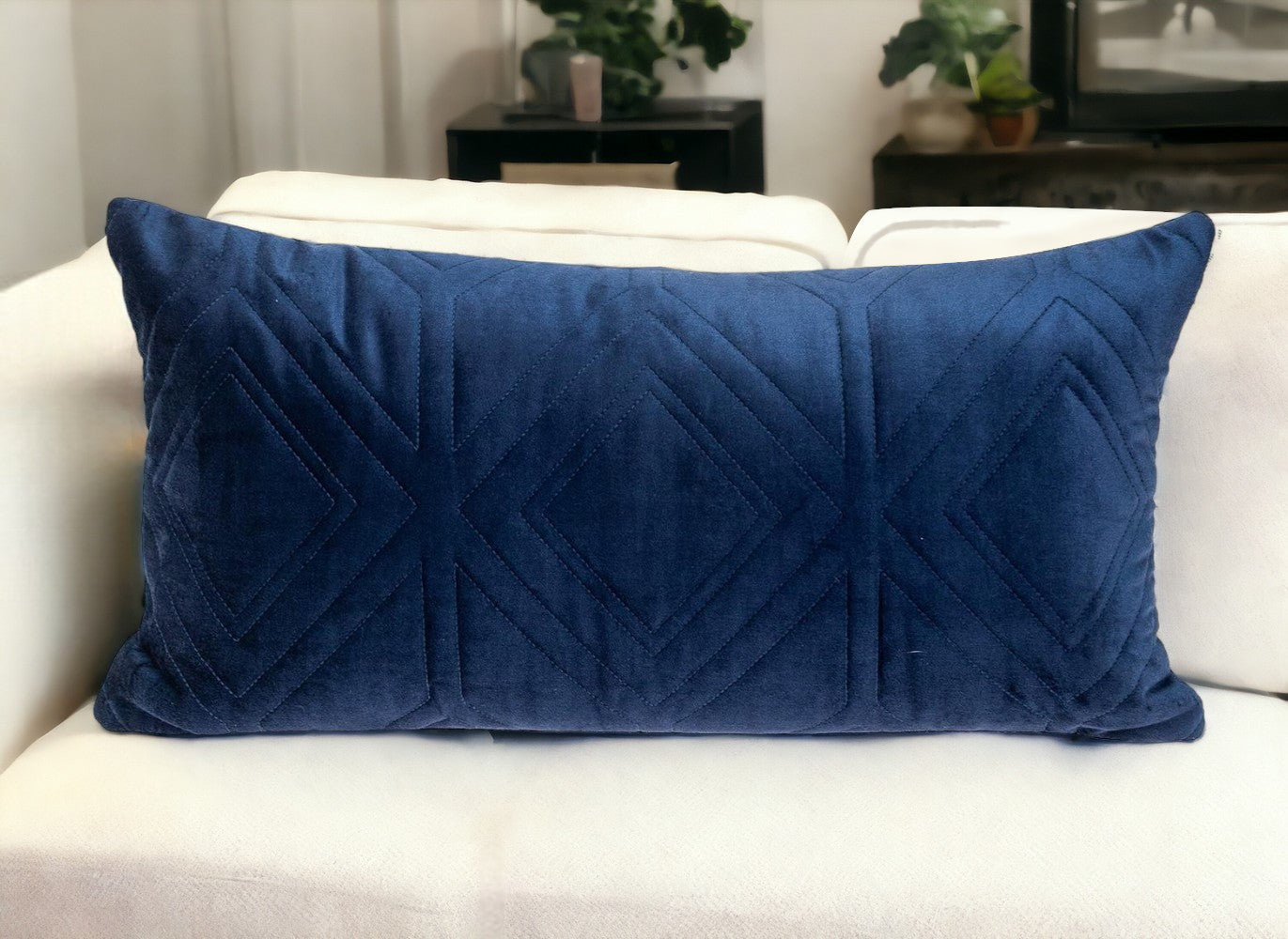 Navy Quilted Diamonds Velvet Solid Color Lumbar Pillow