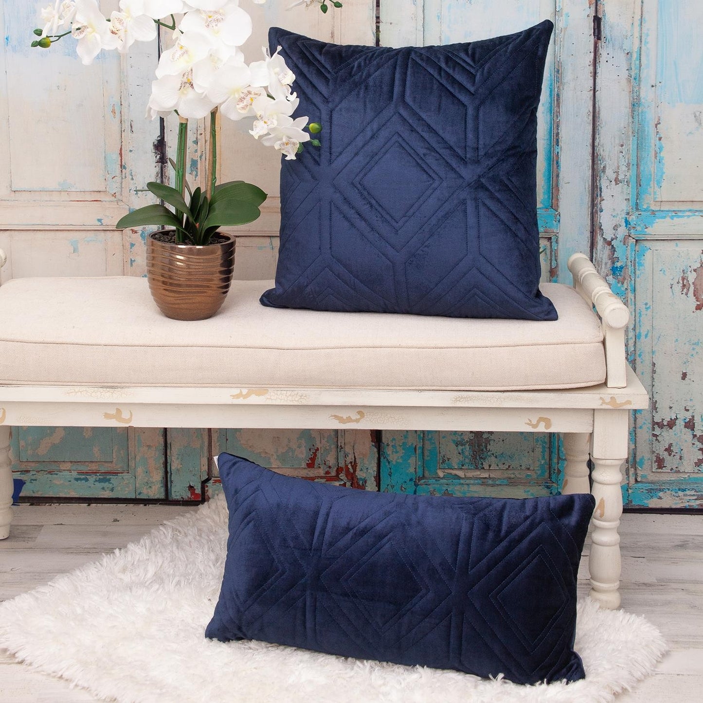 Navy Quilted Diamonds Velvet Solid Color Lumbar Pillow